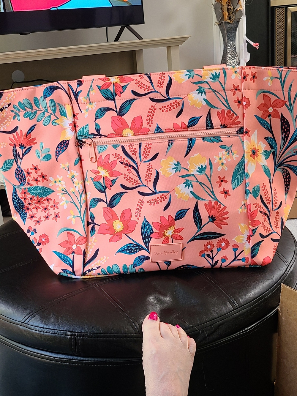 Vera Bradley Coral Pink Floral Tote with Navy Accents